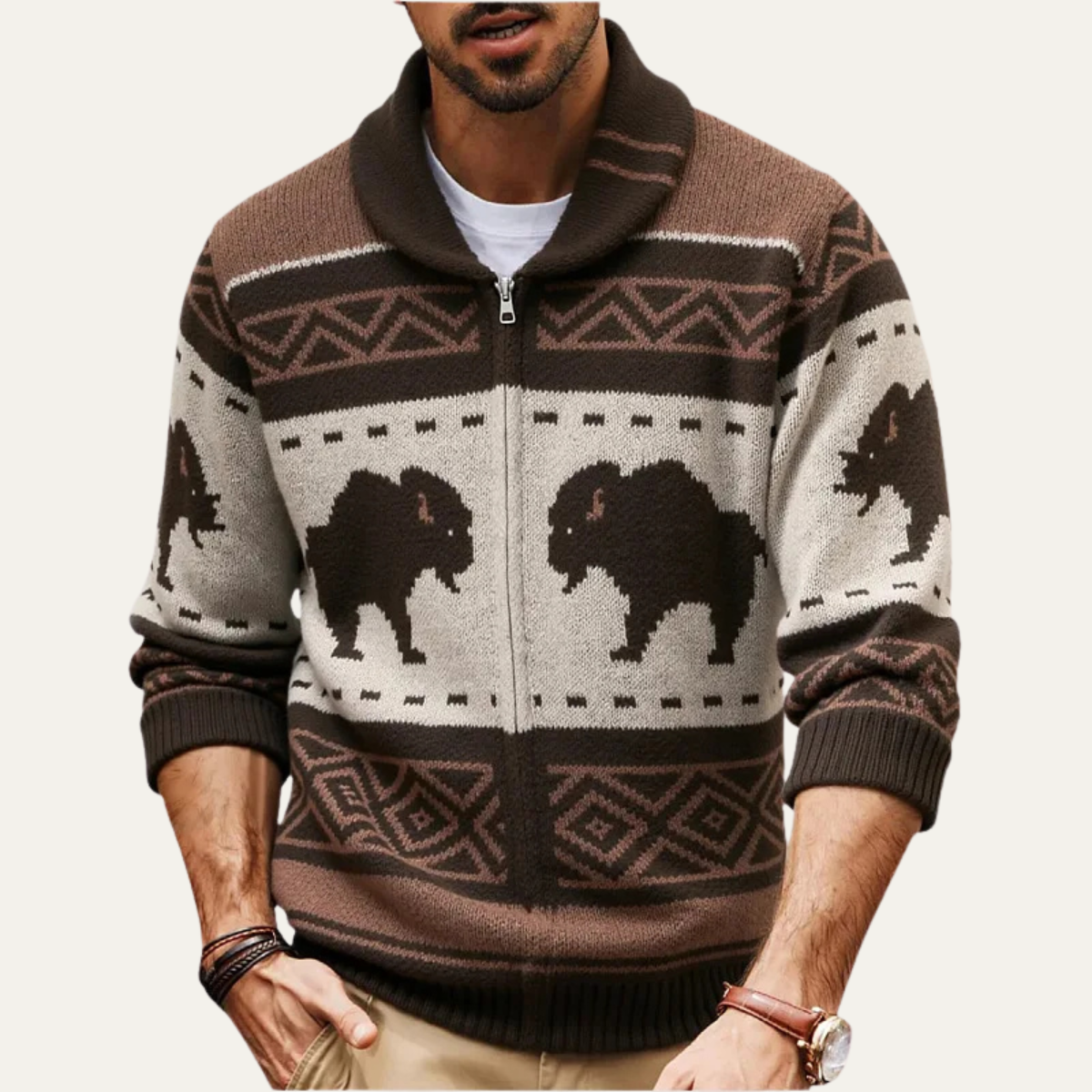 St Andrews Men's Retro Buffalo Print Knit Cardigan, Regular Fit