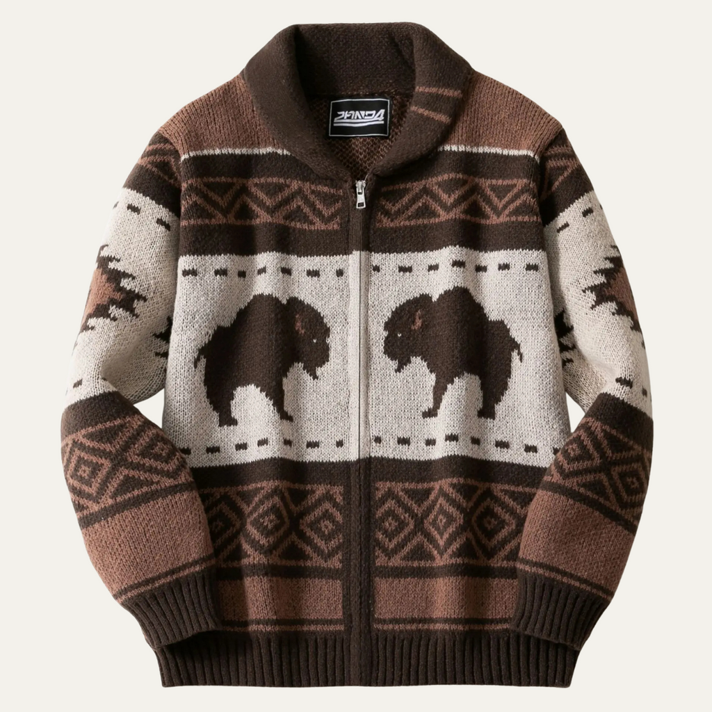 St Andrews Men's Retro Buffalo Print Knit Cardigan, Regular Fit