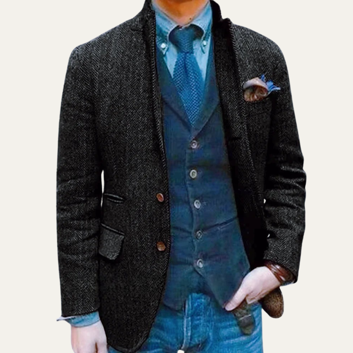 Testaccio Men's Single Breasted Wool Tweed Herringbone Blazer Black