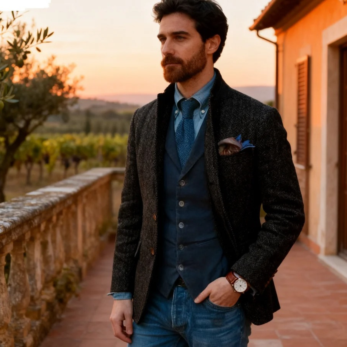 Testaccio Men's Single Breasted Wool Tweed Herringbone Blazer Black